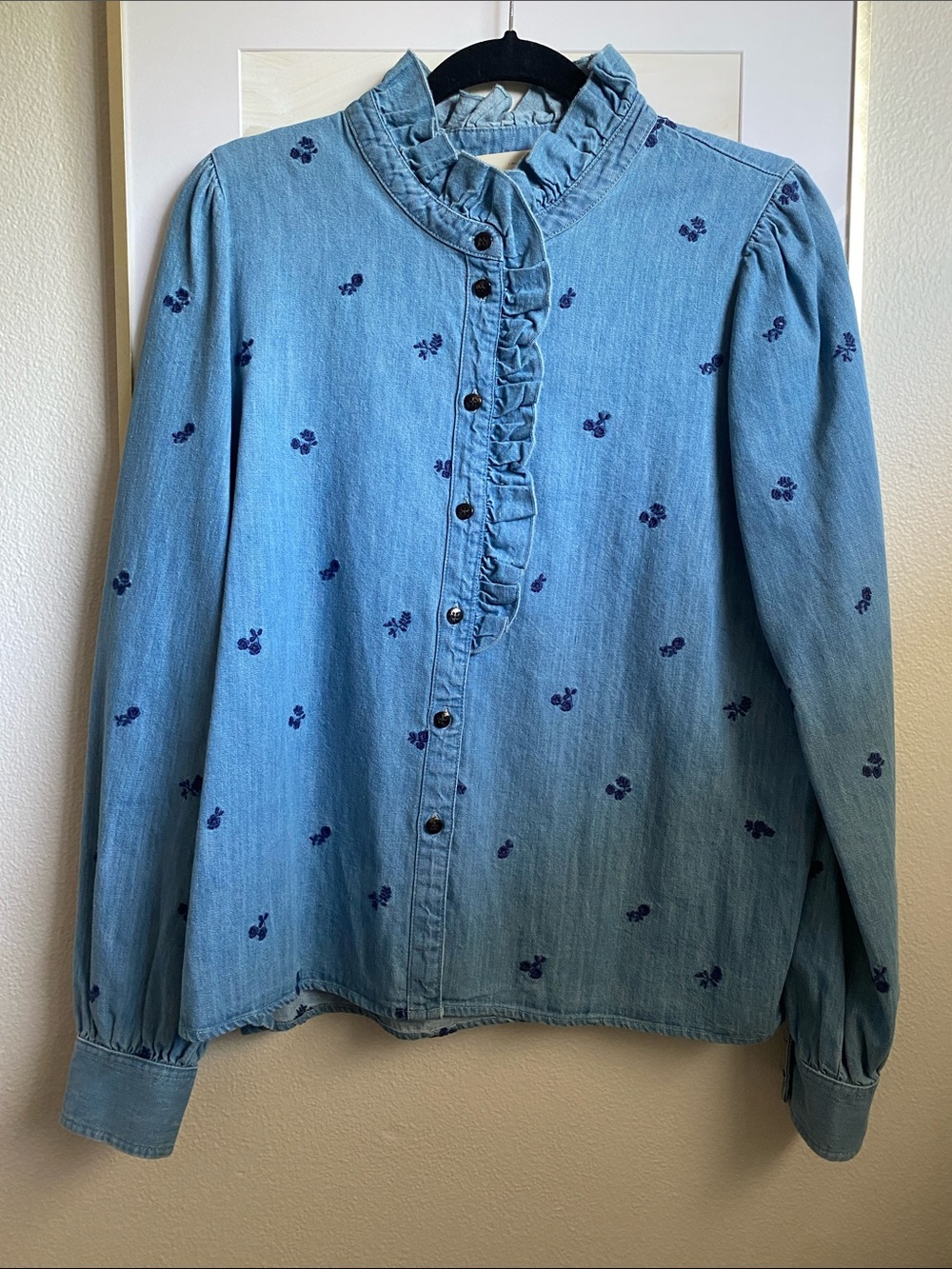 Sezane Light Denim Ruffle Button-Front Embroidered Shirt, Sz 42